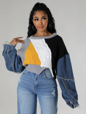 Denim Sleeve Cable CROP Knit Sweater