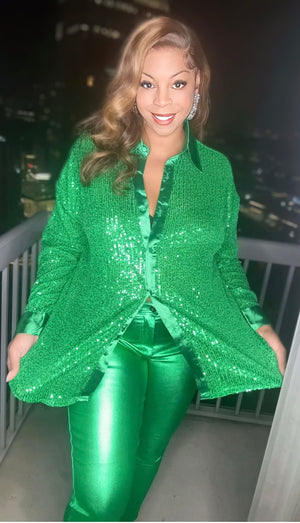 Green Sequin & Satin Button Down Blouse