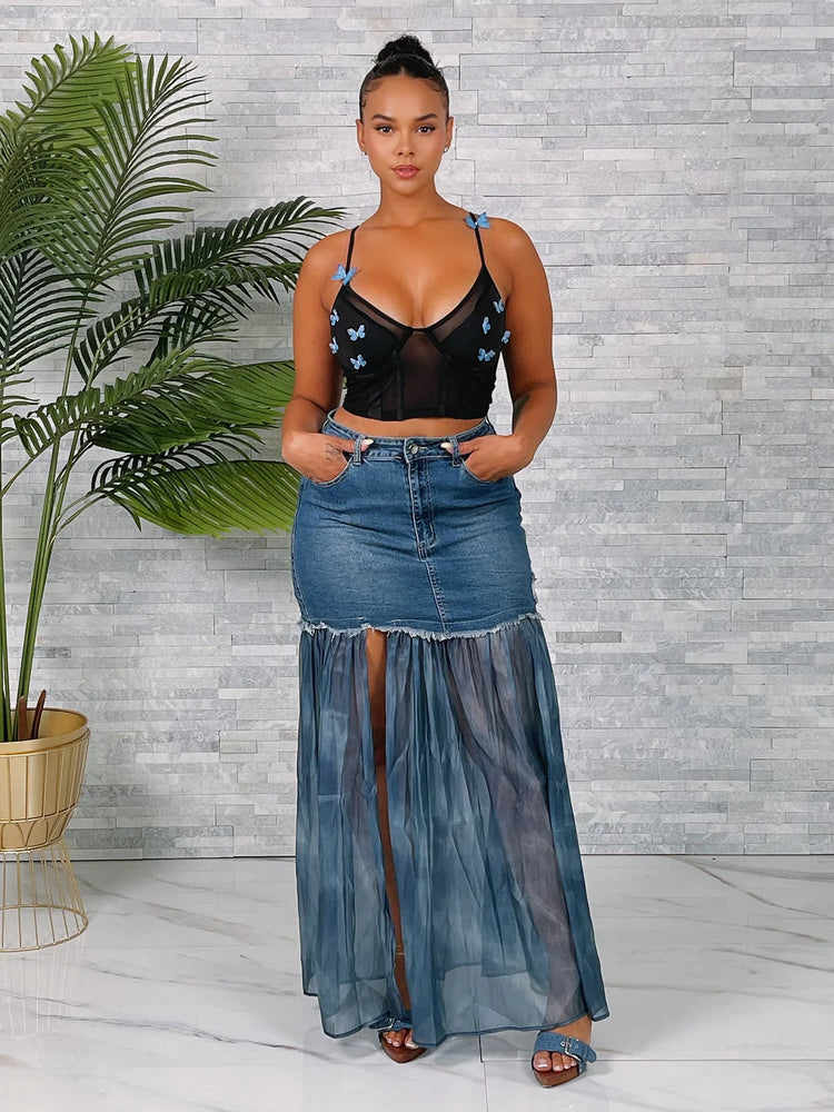 High Waist Denim Chiffon Slit Skirt