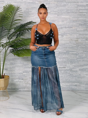 High Waist Denim Chiffon Slit Skirt