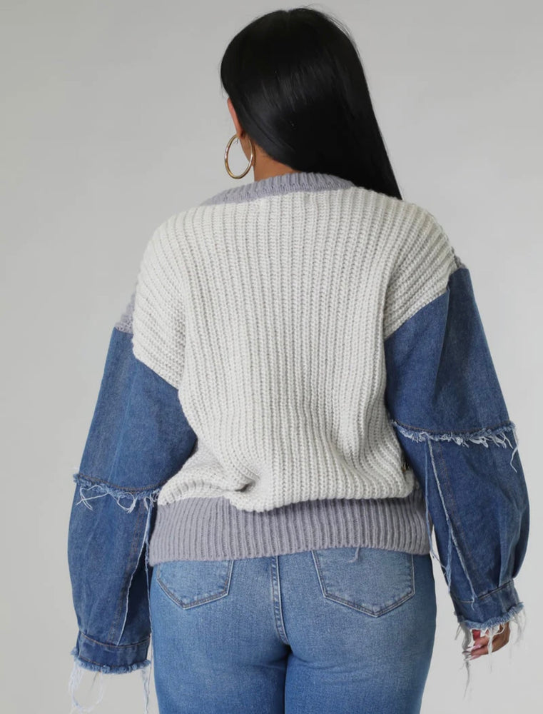 Denim Sleeve Cable Knit Sweater