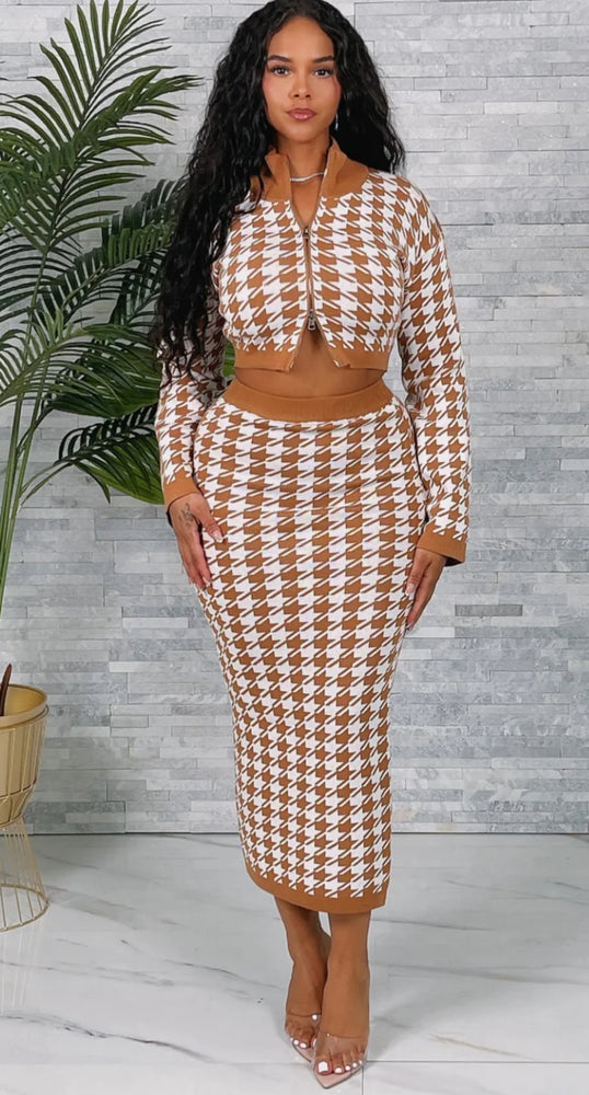 Houndstooth Mock Neck Midi Skirt Set