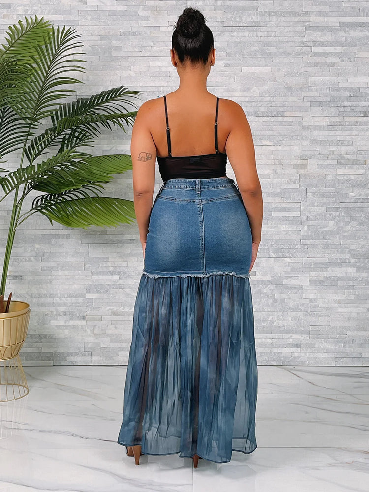 High Waist Denim Chiffon Slit Skirt