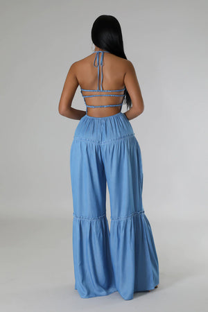 Summer Clearance!  Dreamy Blue Denim Wide Leg Halter Jumper