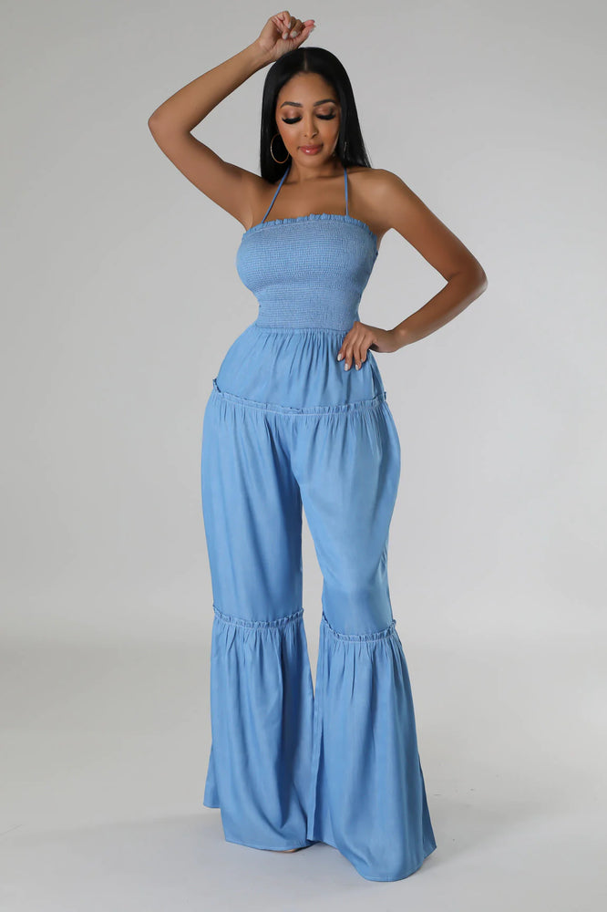 Summer Clearance!  Dreamy Blue Denim Wide Leg Halter Jumper