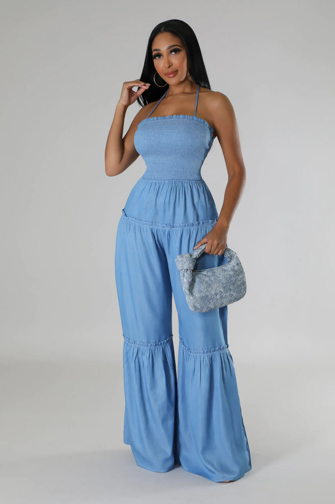 Summer Clearance!  Dreamy Blue Denim Wide Leg Halter Jumper