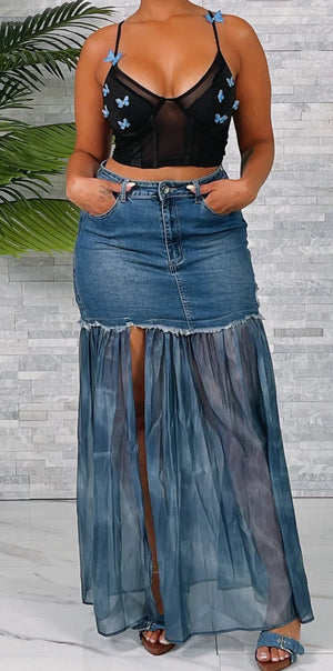 High Waist Denim Chiffon Slit Skirt