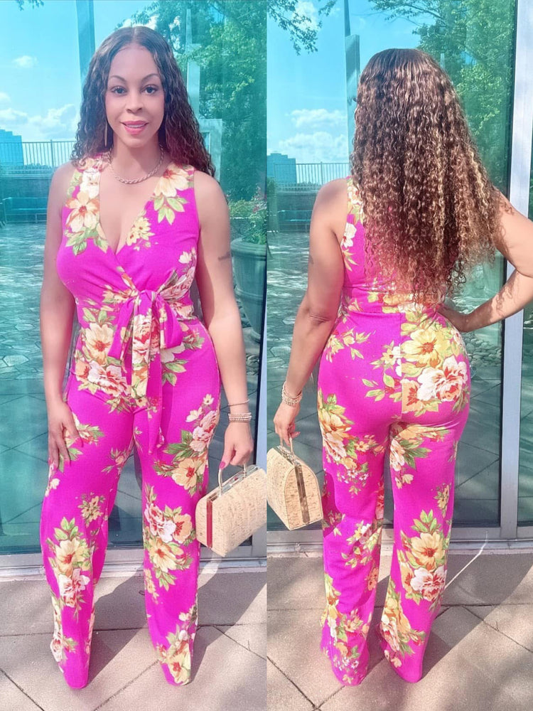 Fushia Floral Spring Jumpsuit W/ Waist Tie