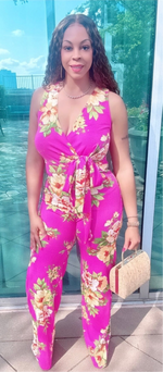 Fushia Floral Spring Jumpsuit W/ Waist Tie