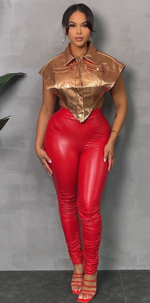 Red Ruched PU Leather Leggings