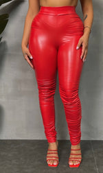 Red Ruched PU Leather Leggings