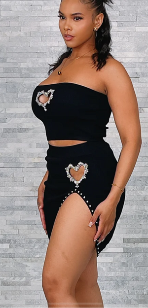 Rhinestone Heart Tube Top Skirt Set