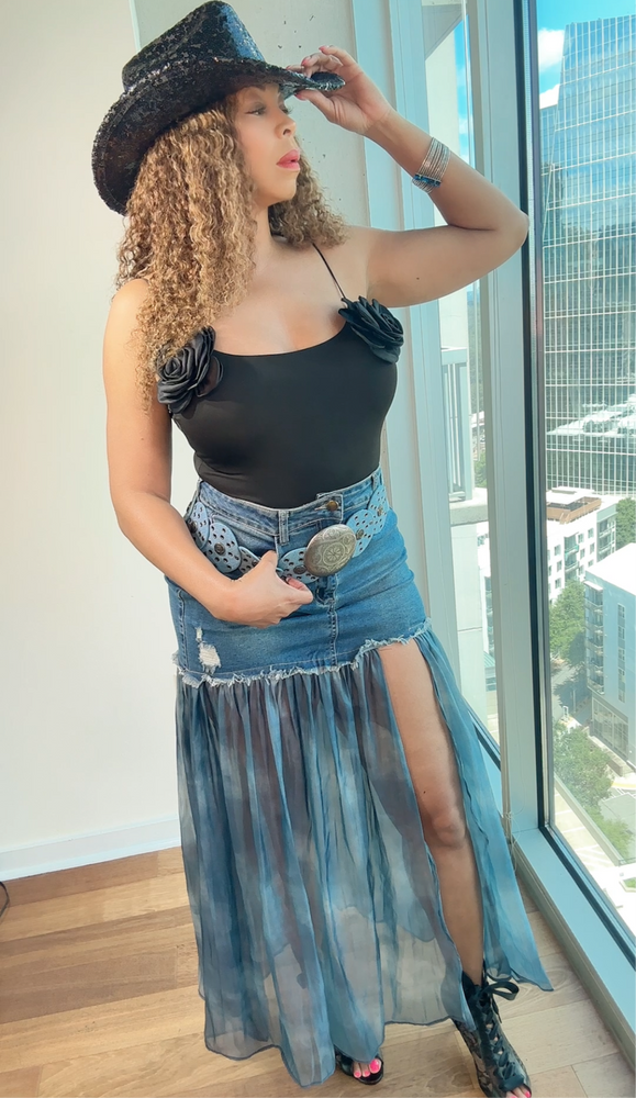 Cowgirl Denim Chiffon Slit Skirt