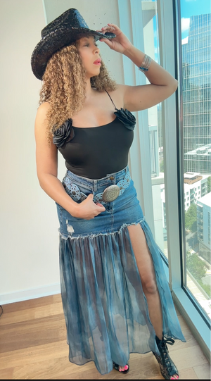 Cowgirl Denim Chiffon Slit Skirt
