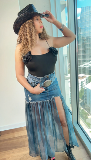Cowgirl Denim Chiffon Slit Skirt
