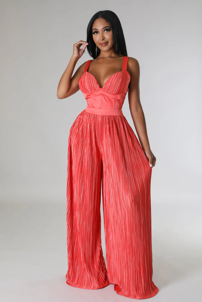PEACHY PLEATED SATIN WIDE LEG JUMPSUIT