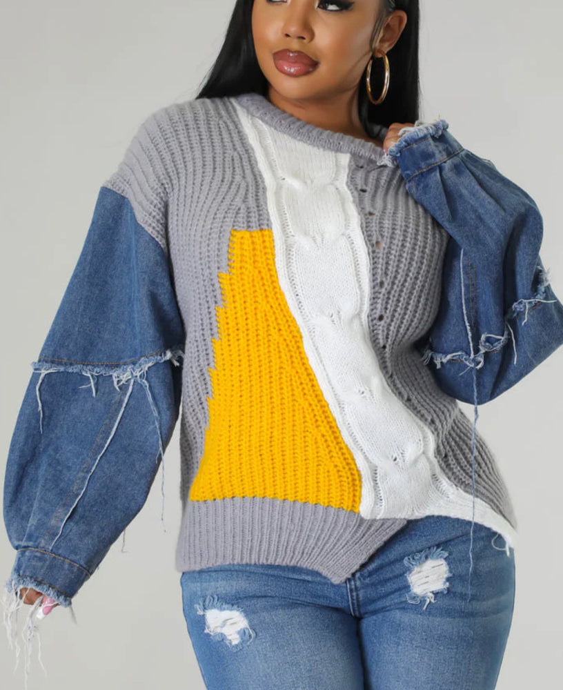 Denim Sleeve Cable Knit Sweater