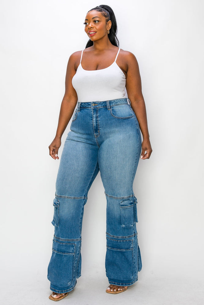 PLUS, CURVY DISTRESSED MULTI CARGO LEG JEANS