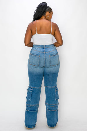 PLUS, CURVY DISTRESSED MULTI CARGO LEG JEANS