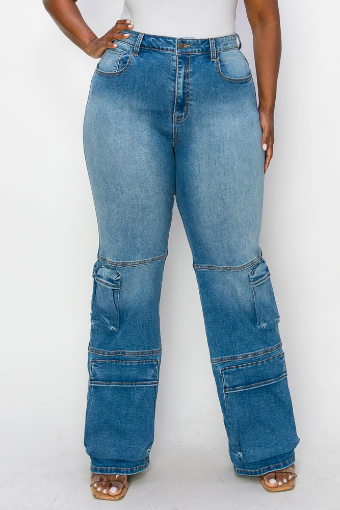 PLUS, CURVY DISTRESSED MULTI CARGO LEG JEANS