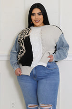 PLUS Size Denim Sleeve Leopard Knit Sweater