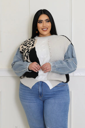 PLUS Size Denim Sleeve Leopard Knit Sweater