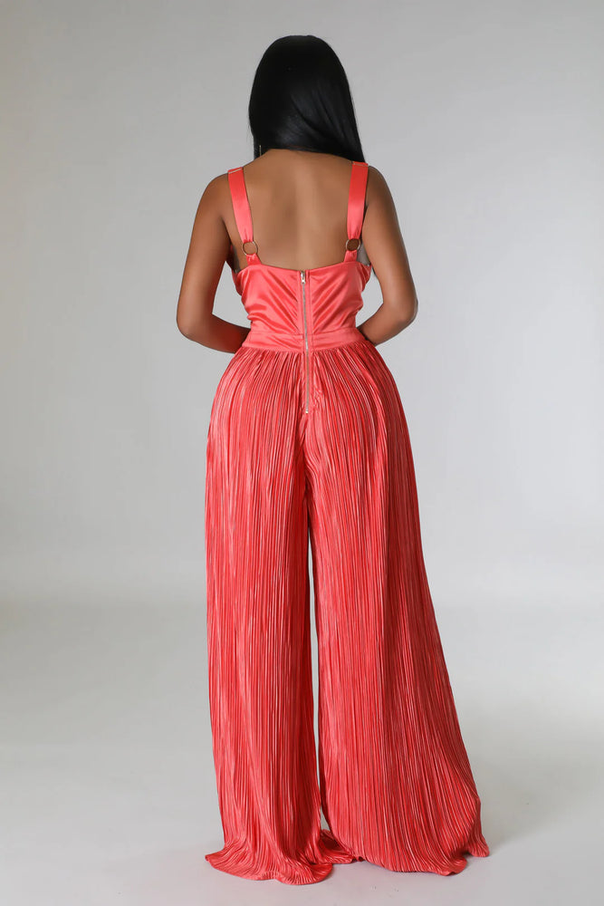PEACHY PLEATED SATIN WIDE LEG JUMPSUIT