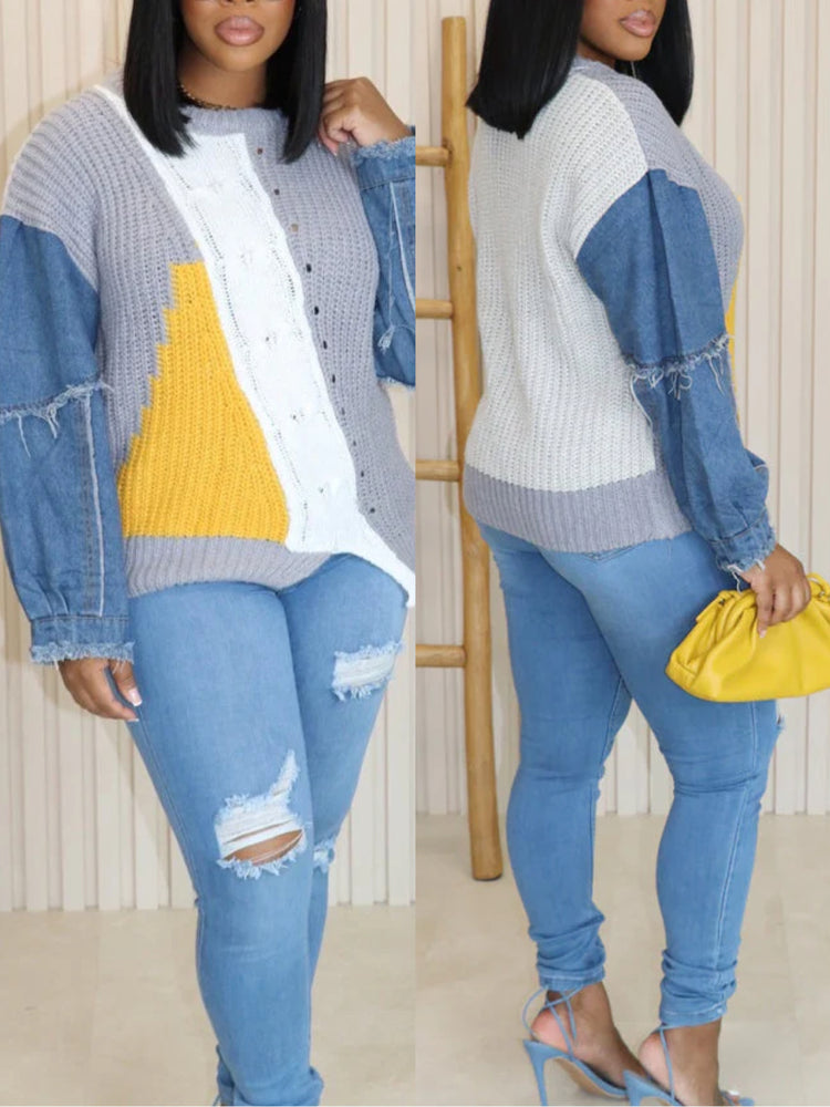 Denim Sleeve Cable Knit Sweater