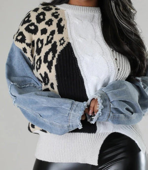 PLUS Size Denim Sleeve Leopard Knit Sweater