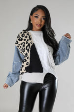 PLUS Size Denim Sleeve Leopard Knit Sweater