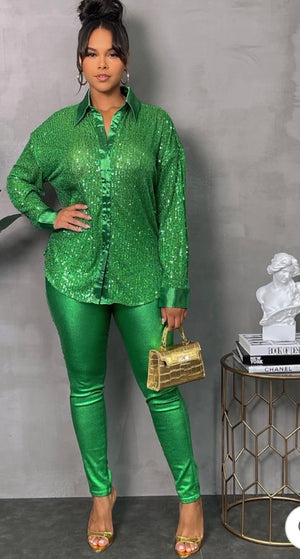 Green Sequin & Satin Button Down Blouse