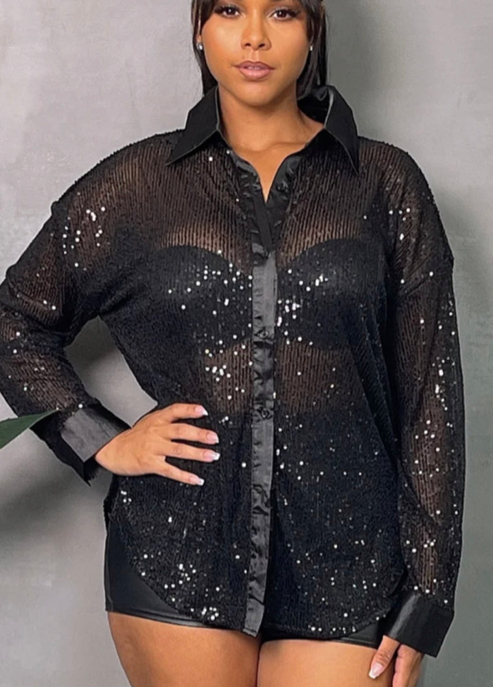 Sequin & Satin Button Down Blouse