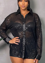 Sequin & Satin Button Down Blouse