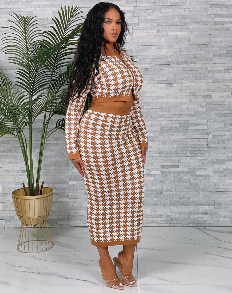 Houndstooth Mock Neck Midi Skirt Set