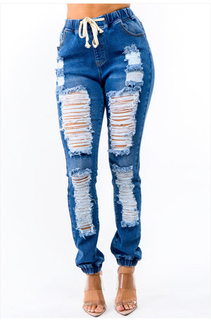 HIGH WAIST DISTRESSED DENIM JOGGERS! Plus Sizes