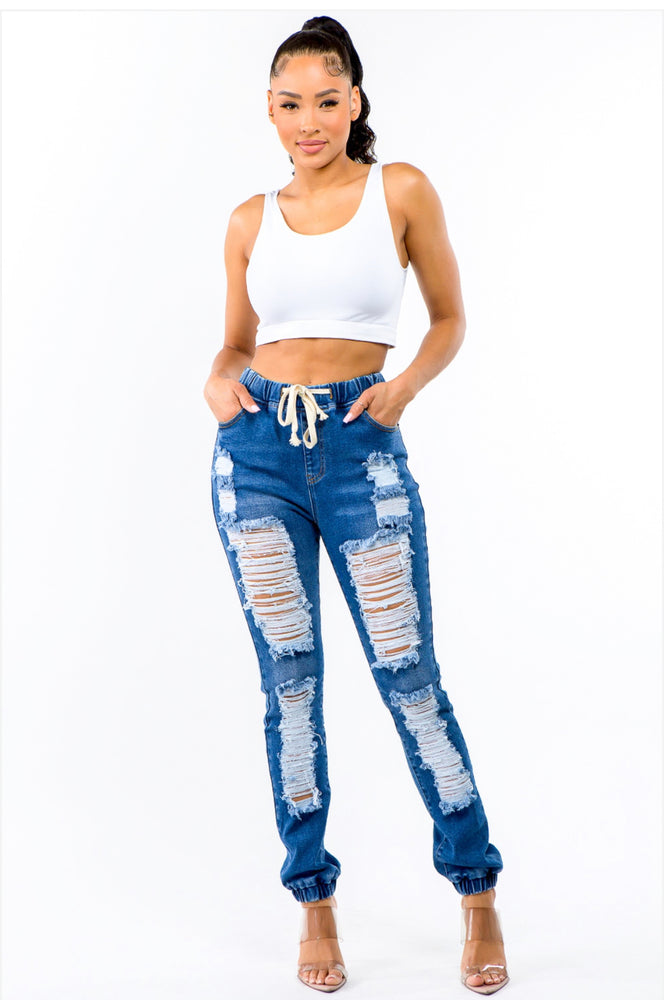 HIGH WAIST DISTRESSED DENIM JOGGERS! Plus Sizes