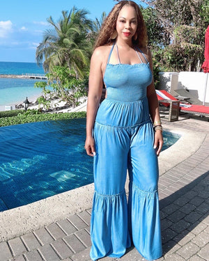 Summer Clearance!  Dreamy Blue Denim Wide Leg Halter Jumper