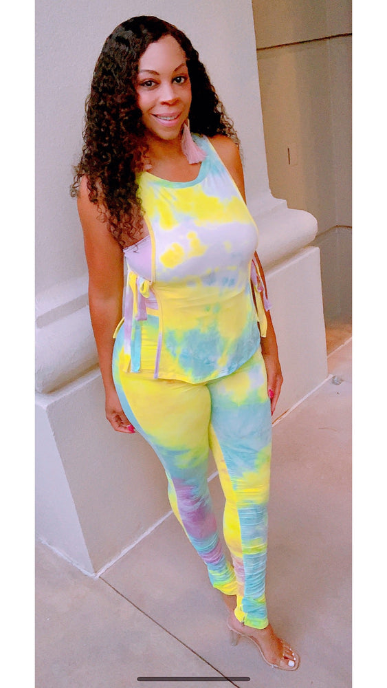 🔥TieDye STACKED Legs Pants Set with Matching  Side Tie Top