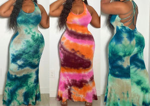 Peaches & Cream Tie Dye Print Back Strappy Dress