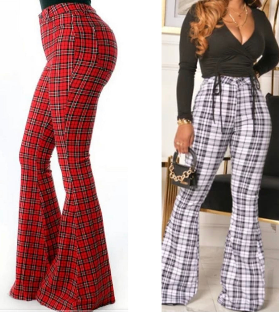 Women's Red Scotch Plaid High Waisted Flared Bell Bottoms Pants