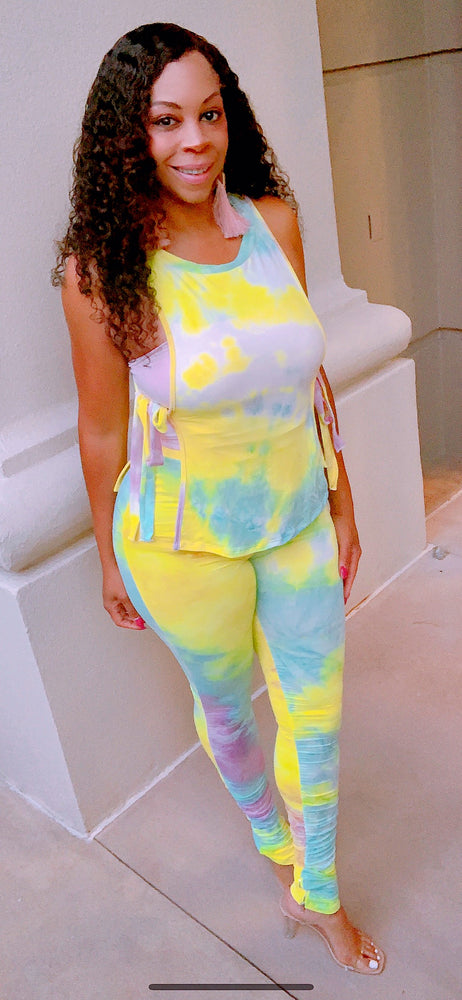 🔥TieDye STACKED Legs Pants Set with Matching  Side Tie Top
