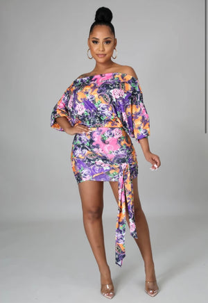 Small LEFT! Sweet Garden Vibes Multi Print Off Shoulder Dress