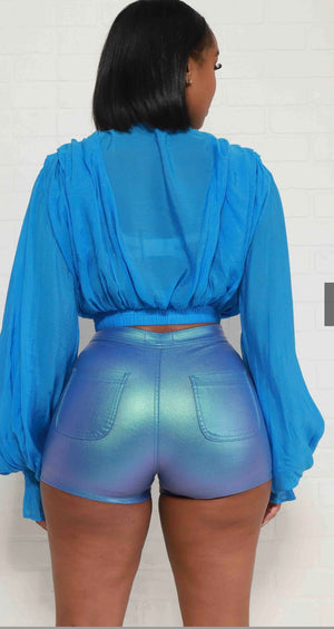 
            
                Load image into Gallery viewer, Blue Metallic Stretchy Shorts
            
        
