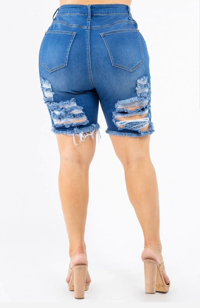 
            
                Load image into Gallery viewer, PLUS SIZES! CLEARANCE! HIGH RISE DISTRESSED DENIM SHORTS
            
        