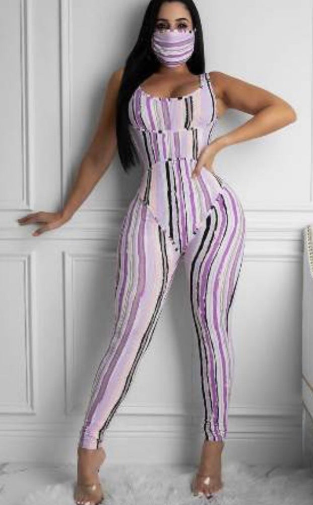 
            
                Load image into Gallery viewer, Lavender Stripe Corset Style  Jumpsuit with Mask‼️
            
        