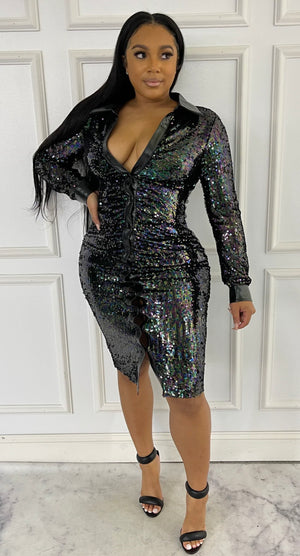 
            
                Load image into Gallery viewer, STUNNING SEQUIN SHIRT DRESS (Leather Trim)
            
        