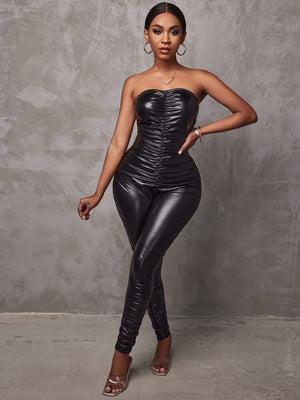 Flawless Faux Leather Tube Top Jumper with Slit Ankles